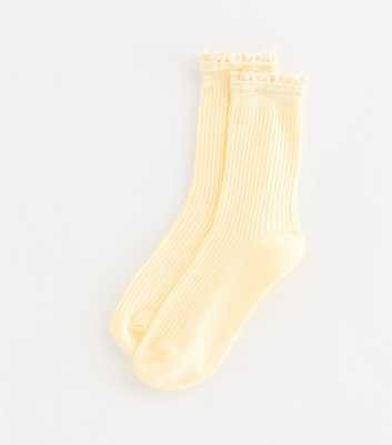 Bright Yellow Ribbed Crochet Frill Ankle Socks