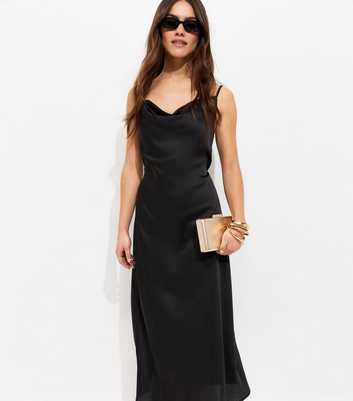 Petite Black Satin Slip Midi Dress