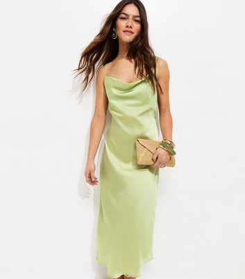 Petite Light Green Satin Slip Midi Dress