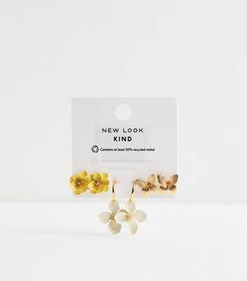 Gold Pack Of 3 Flower Butterfly Stud Hoop Earrings