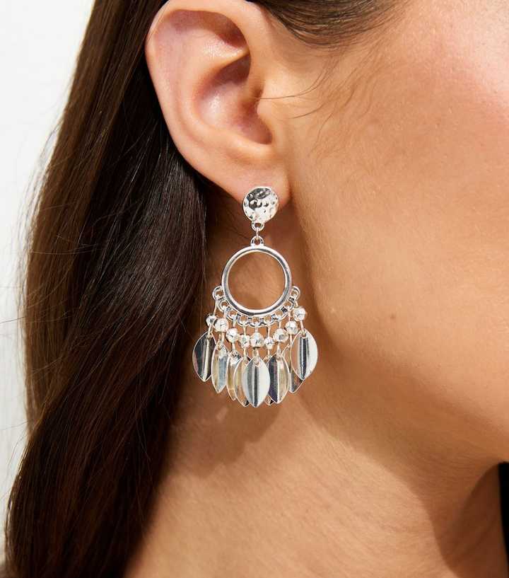 Silver Tone Boho Circle Tassle Drop Earrings