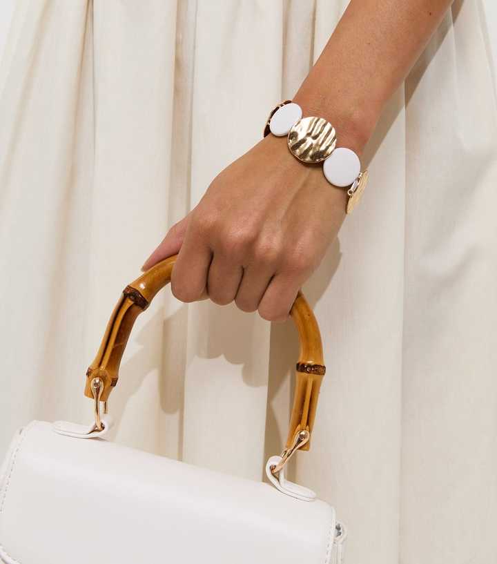 Gold Tone White Textured Disk Bracelet