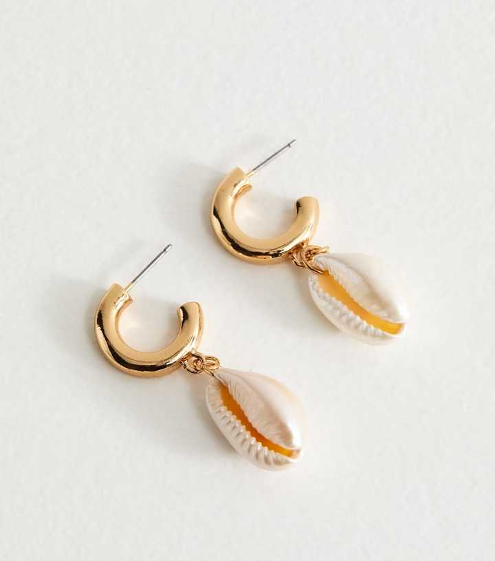 Gold Tone Shell Hoop Drop Earrings