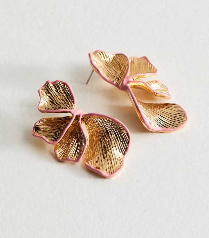 Gold Tone Pink Textured Petal Stud Earrings