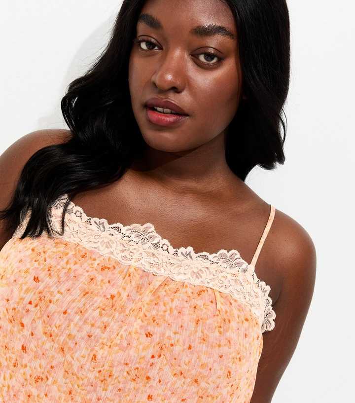 Curves Pink Floral Chiffon Lace Trim Cami Top