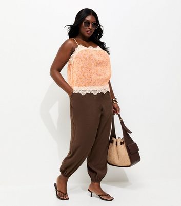 Curves Pink Floral Chiffon Lace Trim Cami Top | New Look