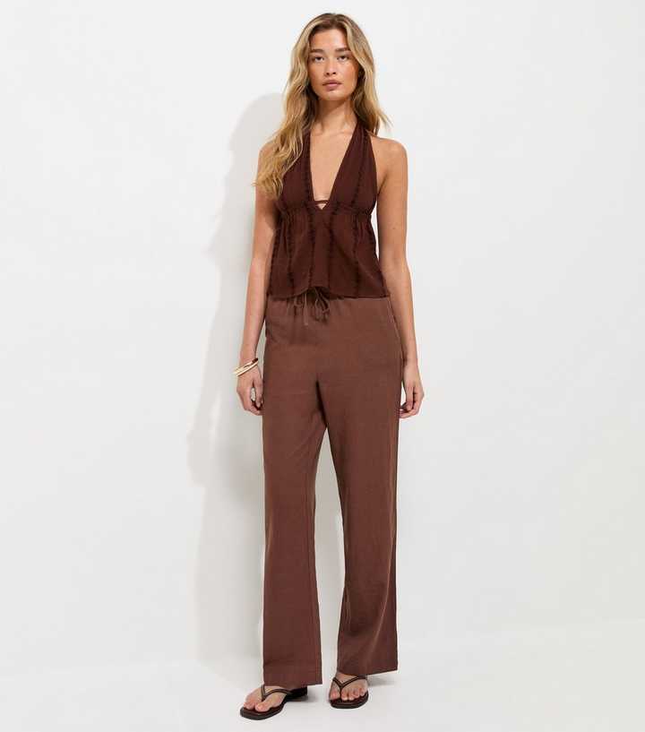 Tall Dark Brown Linen Rich Wide Leg Trousers