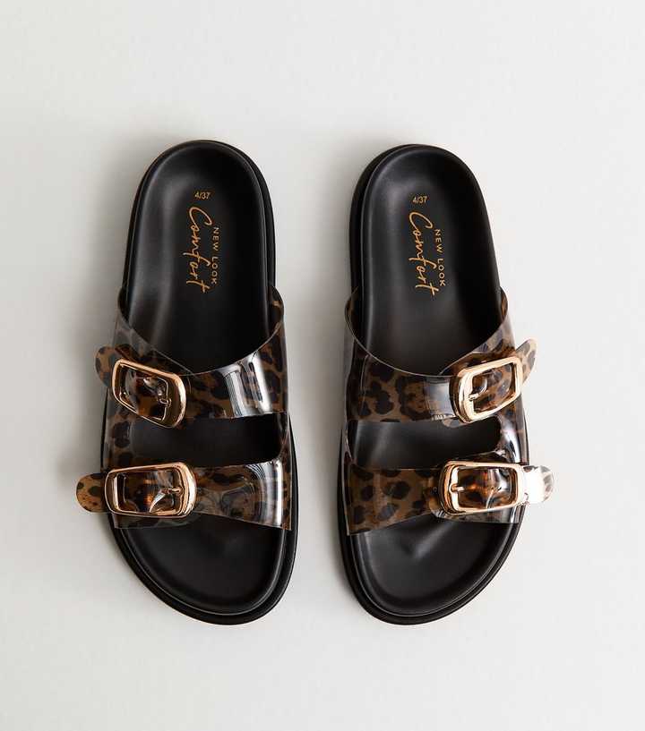 Stone Leopard Print Double Strap Jelly Sandals