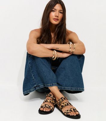 Premium Leather Stone Leopard Print Buckle Strap Sandals
