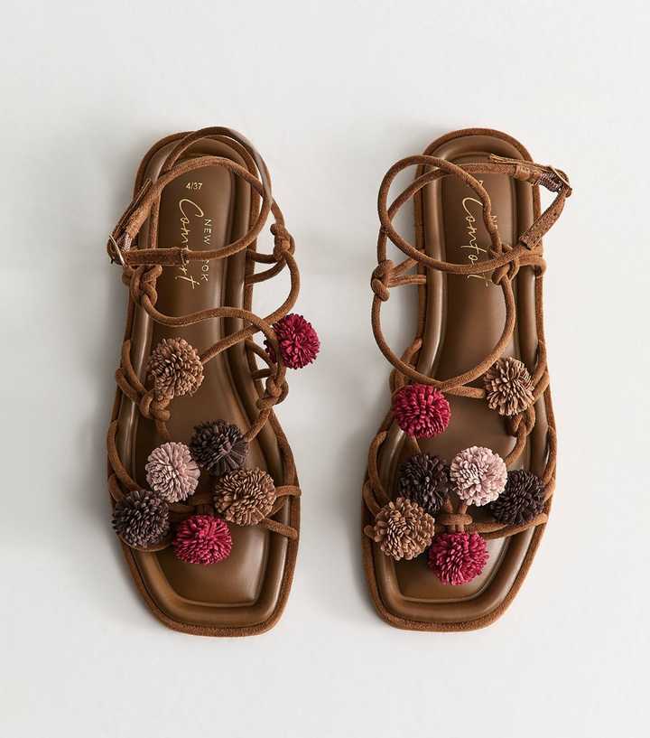 Tan Faux Suede Pom Pom Embellished Sandals