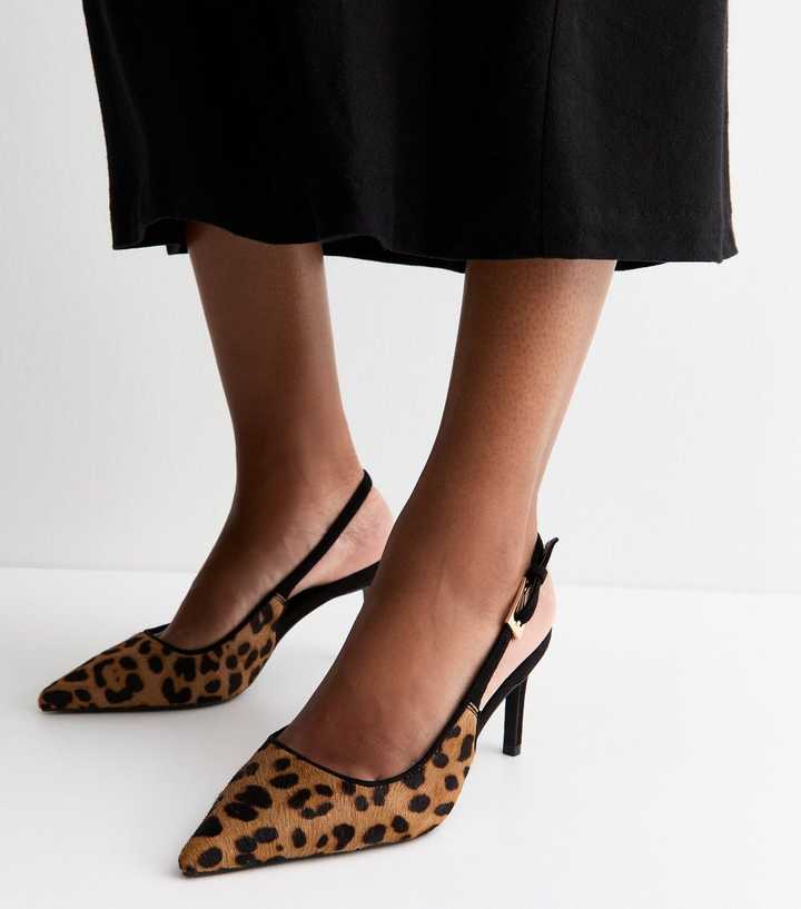 Premium Real Leather Brown Leopard Print Slingback Court Shoes
