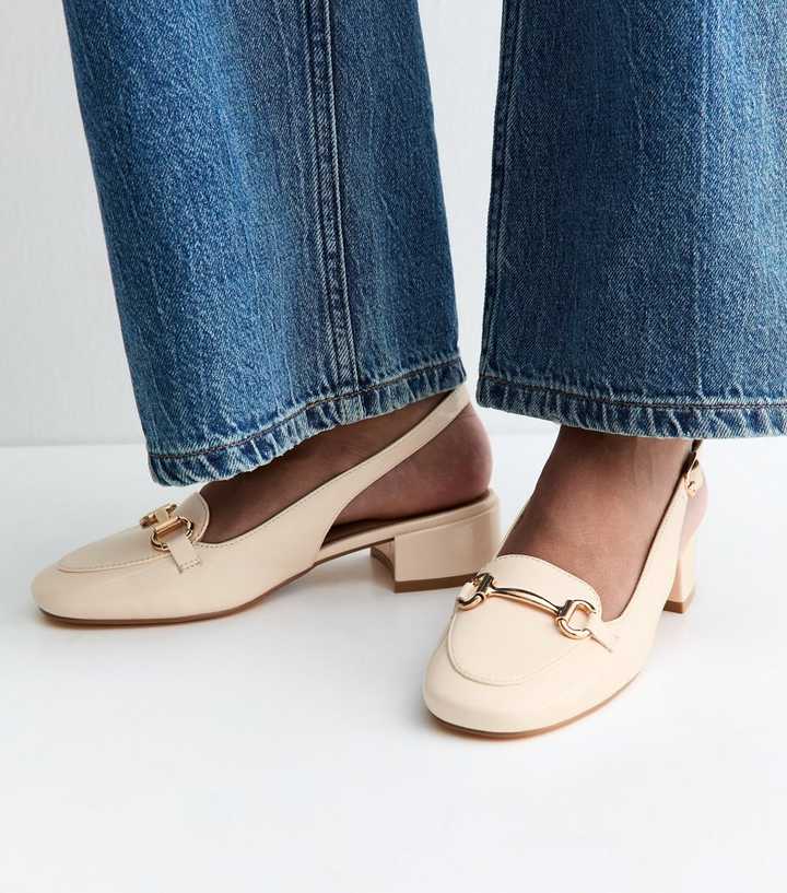 Off White Faux Leather Slingback Loafer Pumps