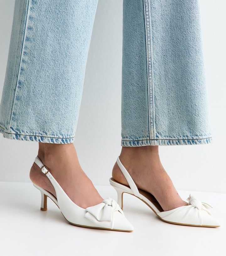 White Faux Leather Bow Slingback Court Shoes