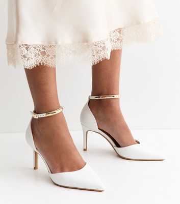 White Faux Leather Gold Trim Pointed Pumps