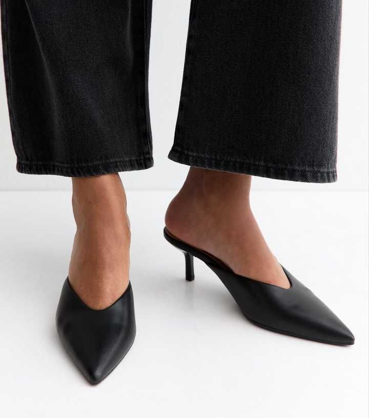 Black Faux Leather V-Cut Mules