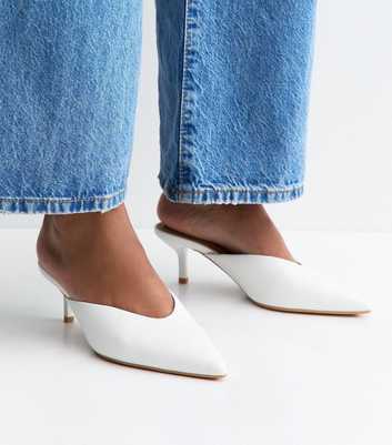 White Faux Leather V-Cut Mules