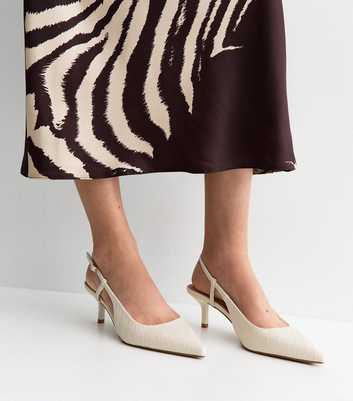 Off White Faux Leather Woven Slingback Court Shoes