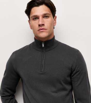 Dark Grey Slim Fit Quarter Zip Funnel Neck Knitted Jumper
