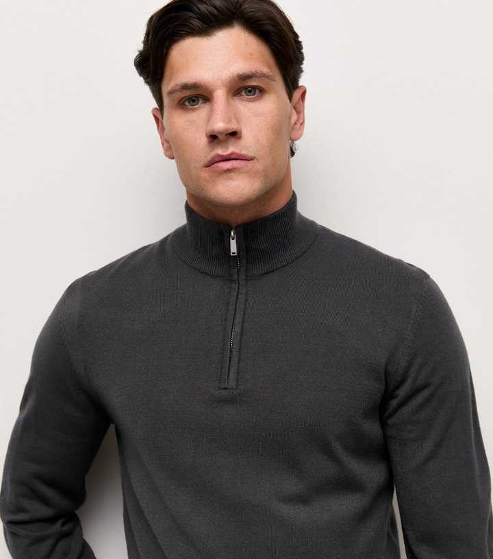 Dark Grey Slim Fit Quarter Zip Funnel Neck Knitted Jumper