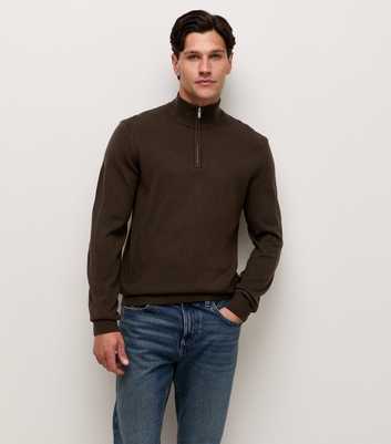 Brown Slim Fit Quarter Zip Funnel Neck Knitted Jumper
