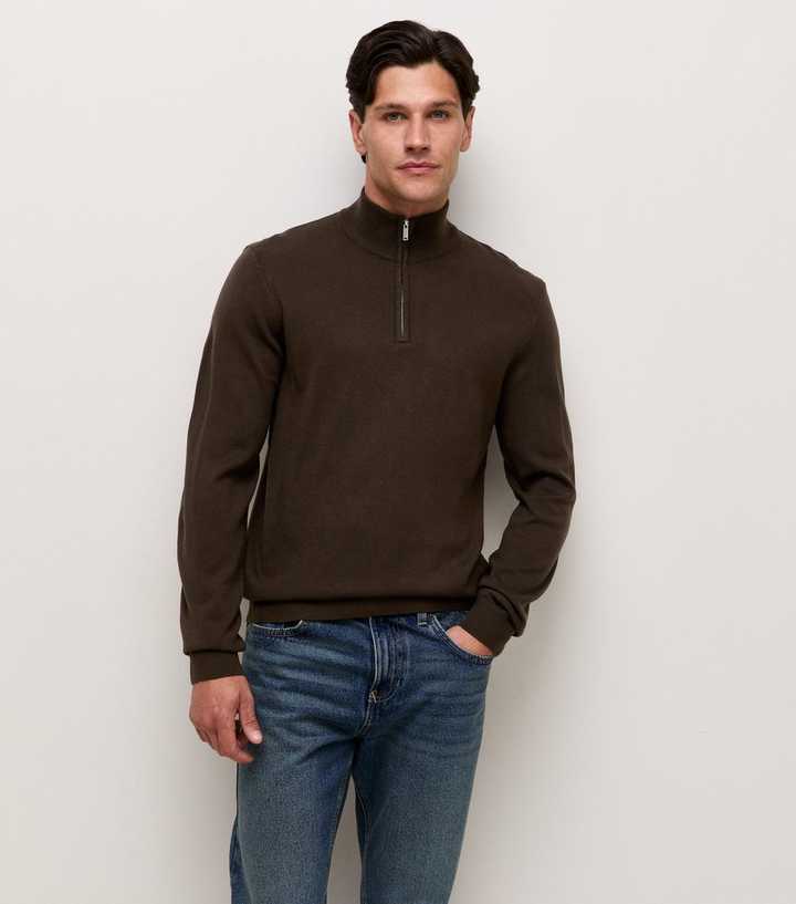Brown Slim Fit Quarter Zip Funnel Neck Knitted Jumper