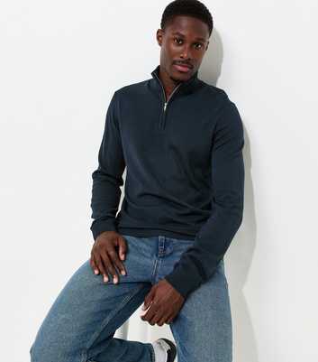 Navy Slim Fit Quarter Zip Funnel Neck Knitted Jumper