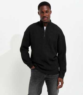 Black Regular Fit Ribbed Knit Quarter Zip Funnel Neck Jumper