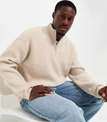 Cream Regular Fit Ribbed Knit Quarter Zip Funnel Neck Jumper