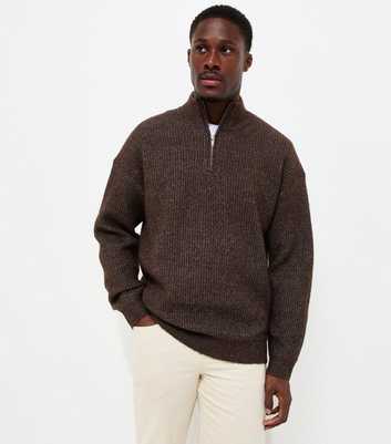 Dark Brown Regular Fit Ribbed Knit Quarter Zip Funnel Neck Jumper