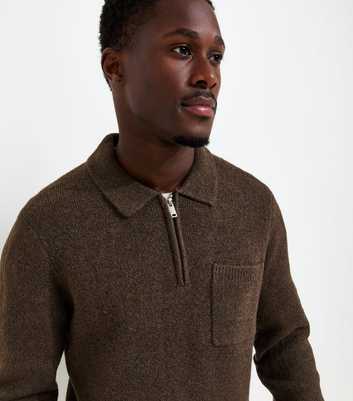Dark Brown Regular Fit Brushed Knit Zip Polo Shirt