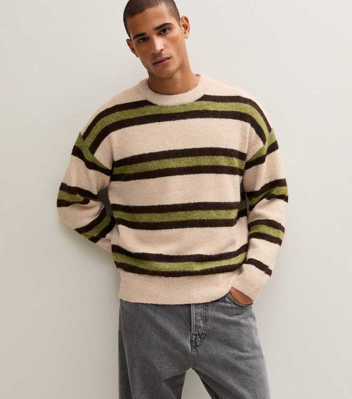 Green Relaxed Fit Striped Crew Neck Jumper with Wool