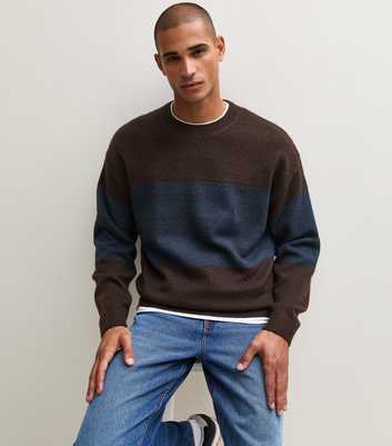 Brown Striped Brushed Knit Crew Neck Long Sleeve Jumper