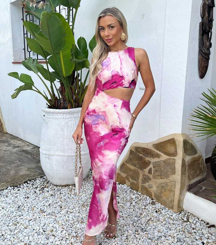 AX Paris Pink Marble Print Side Cut Out Midi Dress | New Look