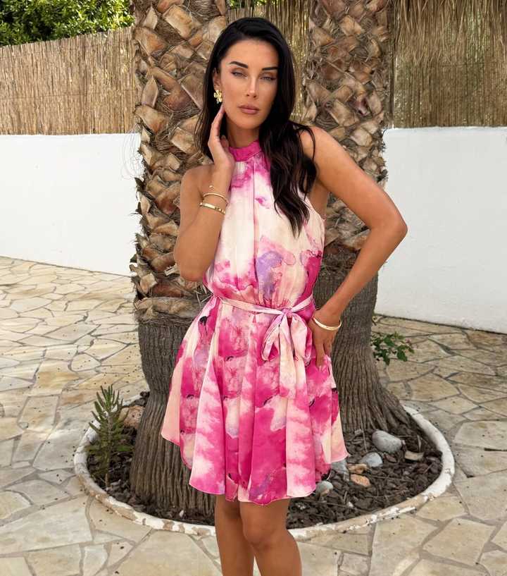 AX Paris Pink Marble Print Halter Neck Mini Dress