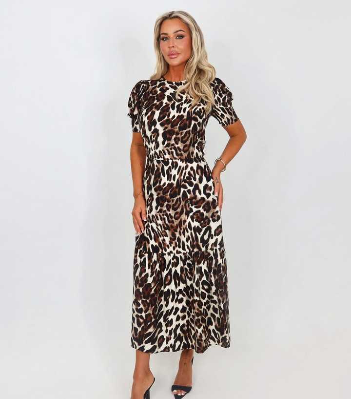 AX Paris Brown Leopard Print Puff Sleeve Midi Dress