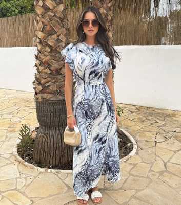 AX Paris Blue Animal Print Flutter Sleeve Midi Dress