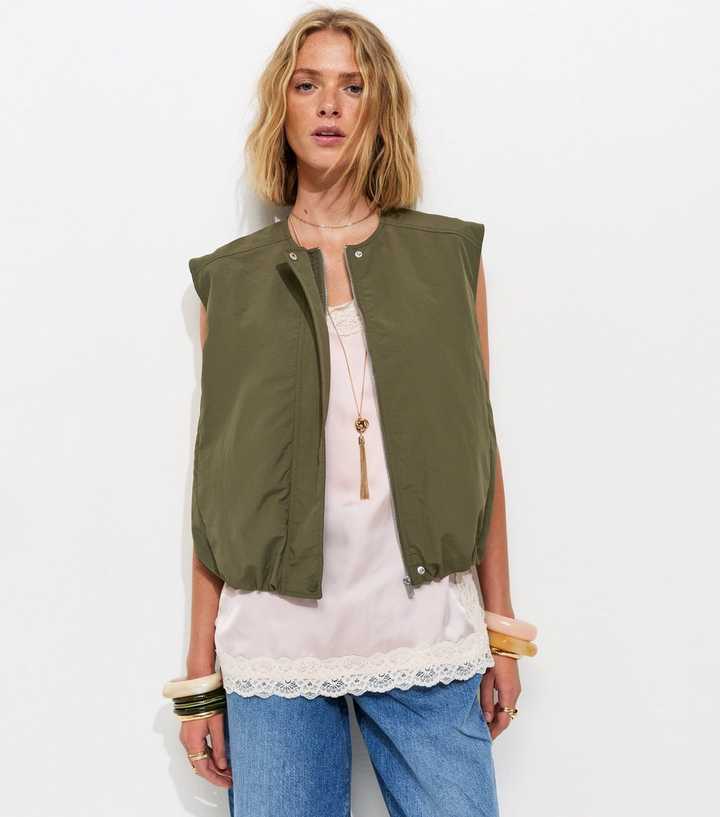 Dark Khaki Sleeveless Bubble Hem Jacket