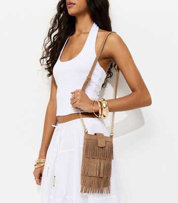 Camel Faux Suede Fringed Phone Bag