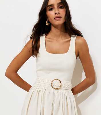 White Woven Raffia Look Circle Buckle Belt