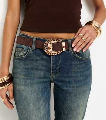 Brown Faux Suede Tribal Buckle Belt