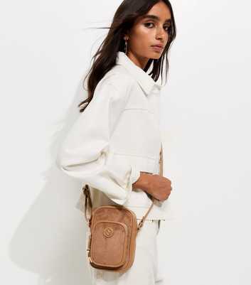 Camel Faux Leather Logo Charm Phone Bag