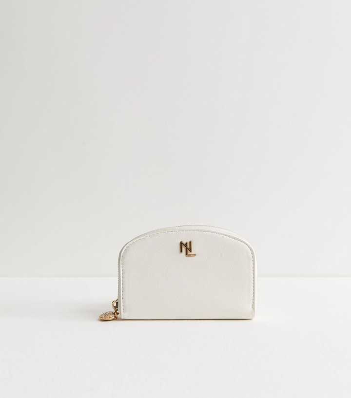 White Faux Leather Shell Zip Logo Purse