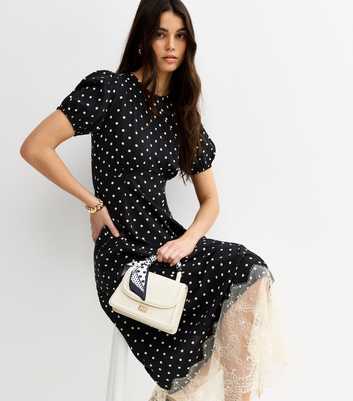 Black Spot Print Lace Trim Midi Dress