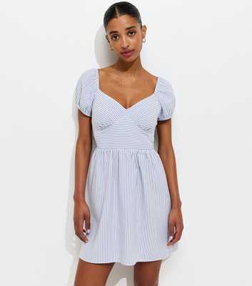 Blue Striped V-Neck Puff Sleeve Mini Dress