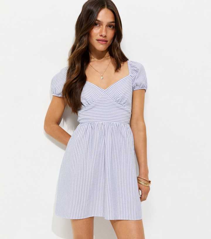 Petite Blue With Cotton Striped Puff Sleeve Mini Dress