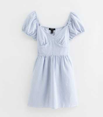 Petite Blue With Cotton Striped Puff Sleeve Mini Dress