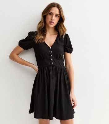 Black Button Through Crinkled Mini Dress