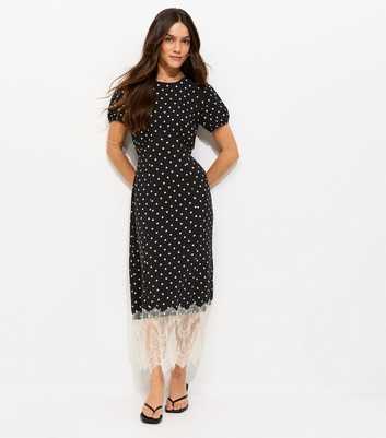 Petite Black Spot Print Lace Hem Midi Dress