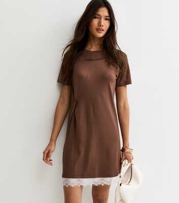 Dark Brown Lace Trim T-Shirt Dress