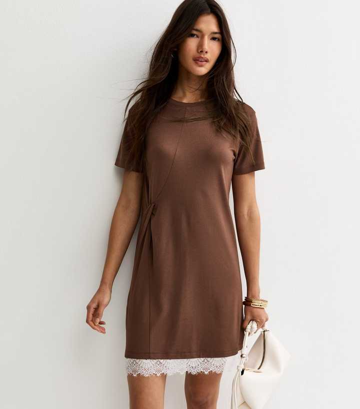 Dark Brown Lace Trim T-Shirt Dress | New Look